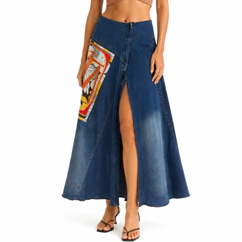 Vintage Custo Barcelona Patchwork Denim Midi Skirt Graphic Zip Mixed Media Sz 28